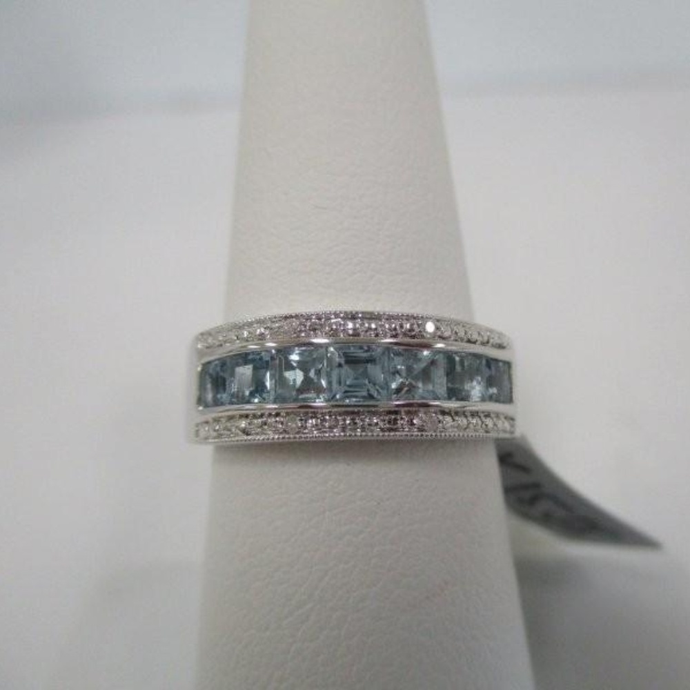 Aquamarine & Diamond 925 Sterling Silver Ring - 7s